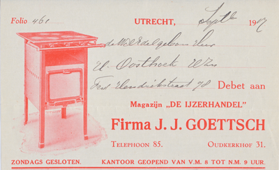 711127 Kop van een nota van Magazijn De IJzerhandel , Firma J..J. Goettsch, Oudkerkhof 31 te Utrecht, ten name van de ...